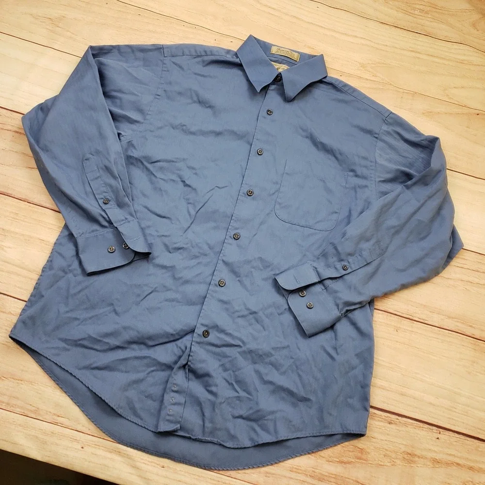 Croft & Barrow‎ Shirt Mens 15.5 Blue Herringbone Twill Button Up Long Sleeve